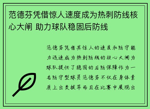 范德芬凭借惊人速度成为热刺防线核心大闸 助力球队稳固后防线 范德芬凭借惊人速度成为热刺防线核心大闸 助力球队稳固后防线