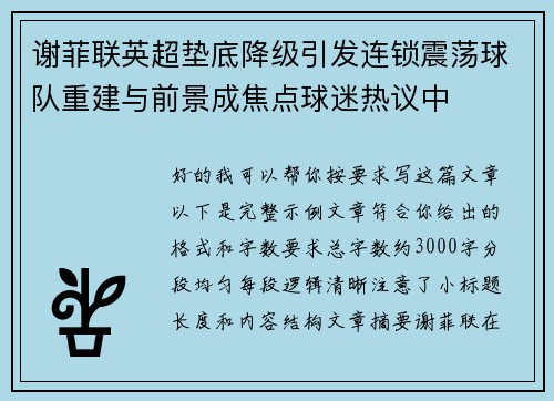 谢菲联英超垫底降级引发连锁震荡球队重建与前景成焦点球迷热议中